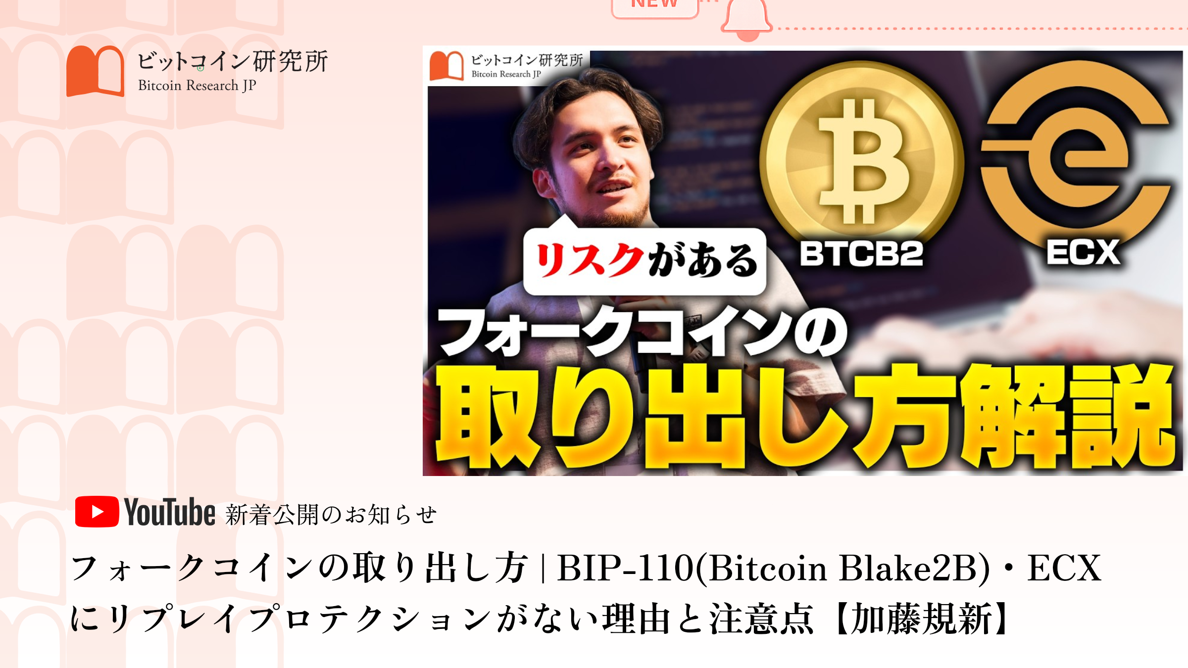 「フォークコインの取り出し方 | BIP-110(Bitcoin Blake2B)・ECXにリプレイプロテクションがない理由と注意点」公開のお知らせ｜ビットコイン研究所 公式Youtubeチャンネル